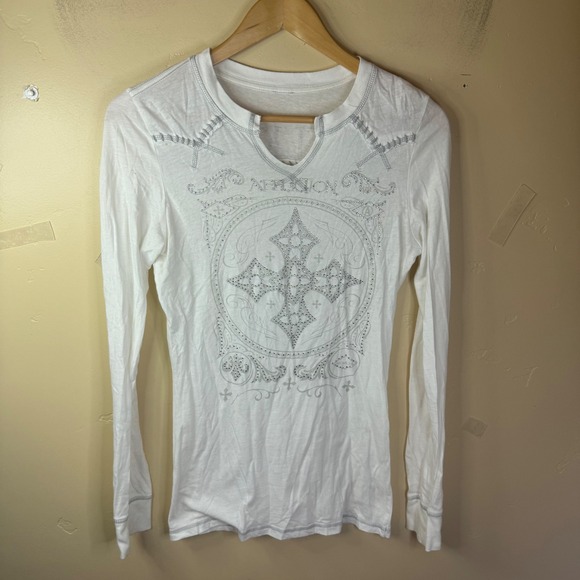 Affliction Y2K White Embellished Cross Long Sleeve Top Size Small Streetwear - Picture 1 of 7